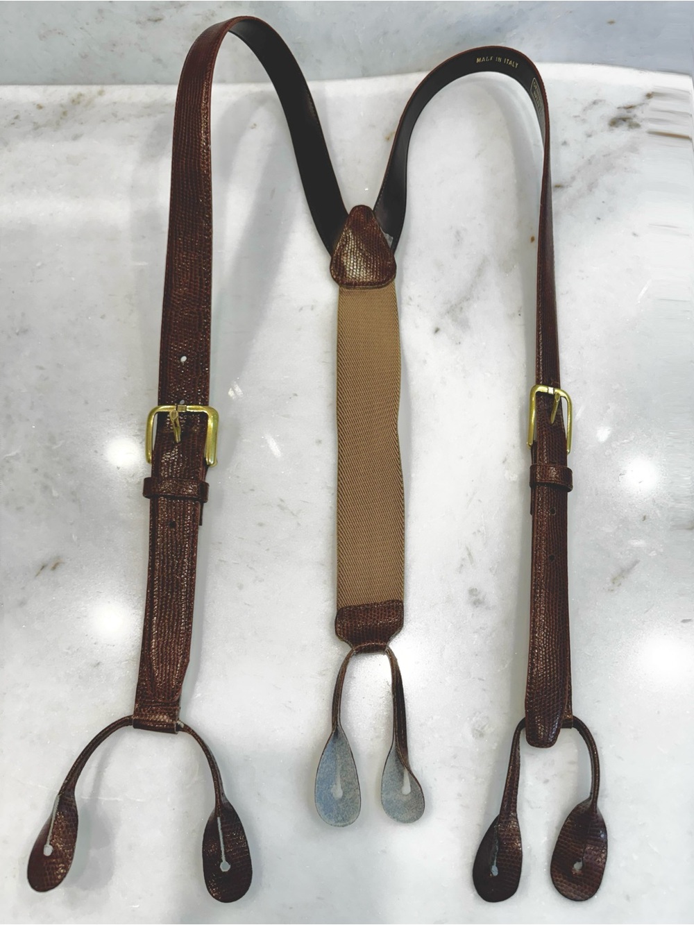 Brown Italian Leather Suspenders with Tan Elastic Center